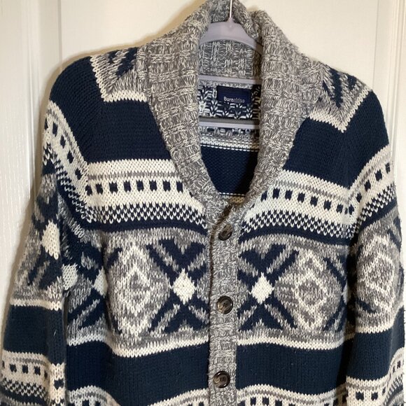 Burnside Men's Acrylic Cardigan Knit Sweater Size L Pockets Grandad Cowl Neck - Picture 4 of 8